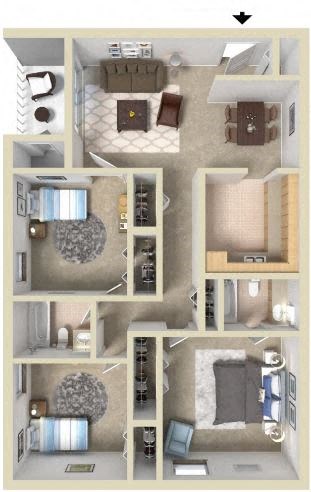 Floor plan for 3 beds, 2 baths, 1150 sqft
